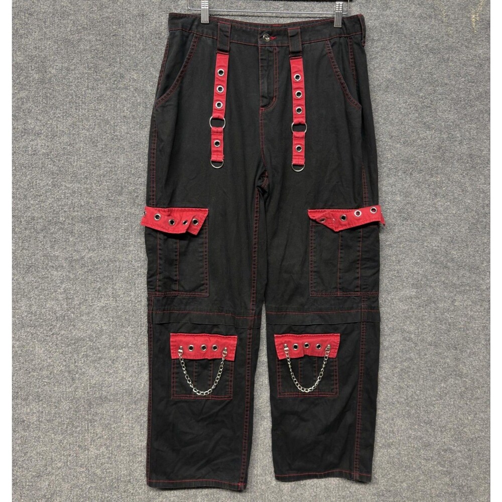 Hot Topic Strap Chain Cargo Pants Women’s 11 32x29 Black Red Wide Leg Goth Punk